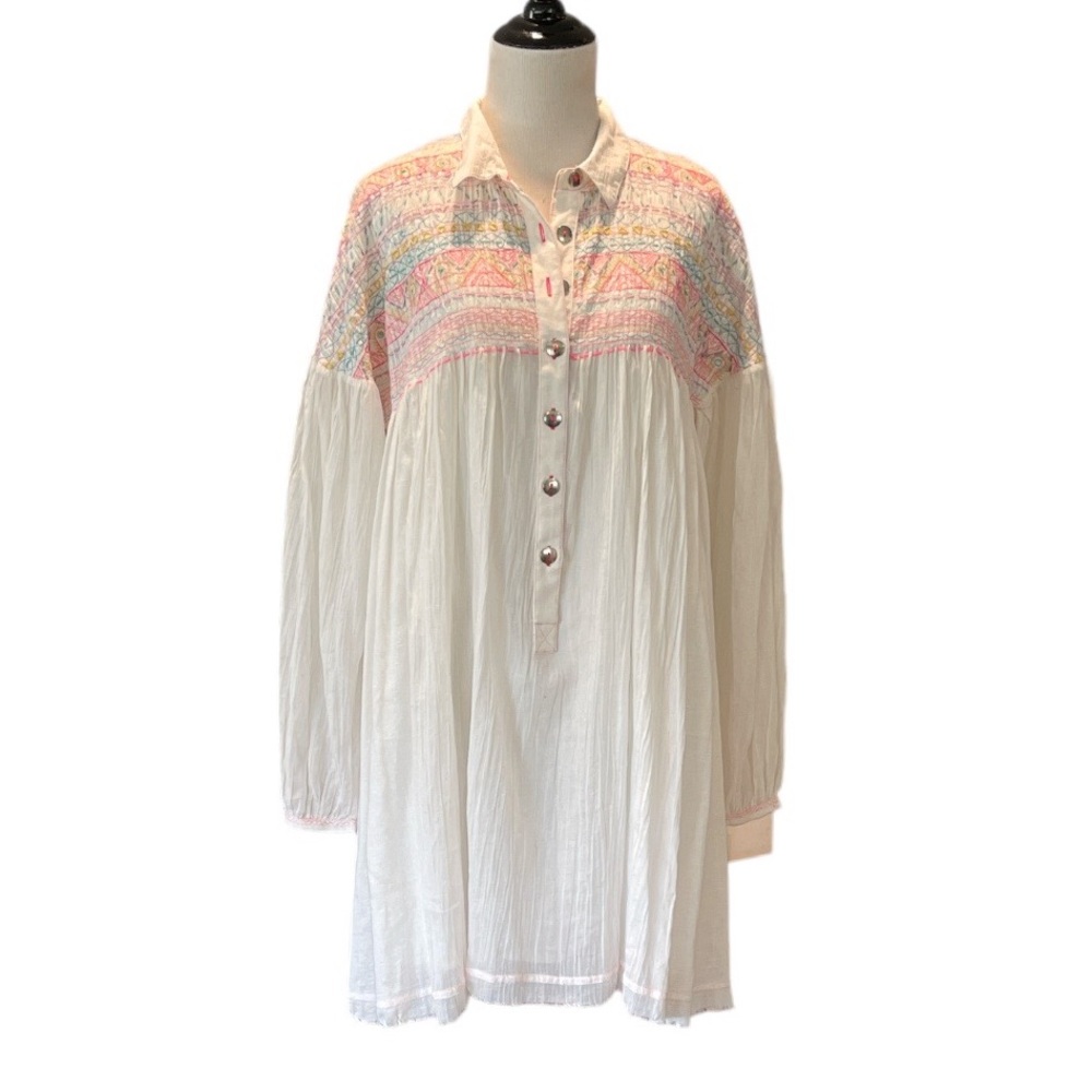 FREE PEOPLE ANNA MARIE EMBROIDERED BUTTON FRONT LONG SLEEVE TUNIC SHIRTDRESS - Picture 2 of 12